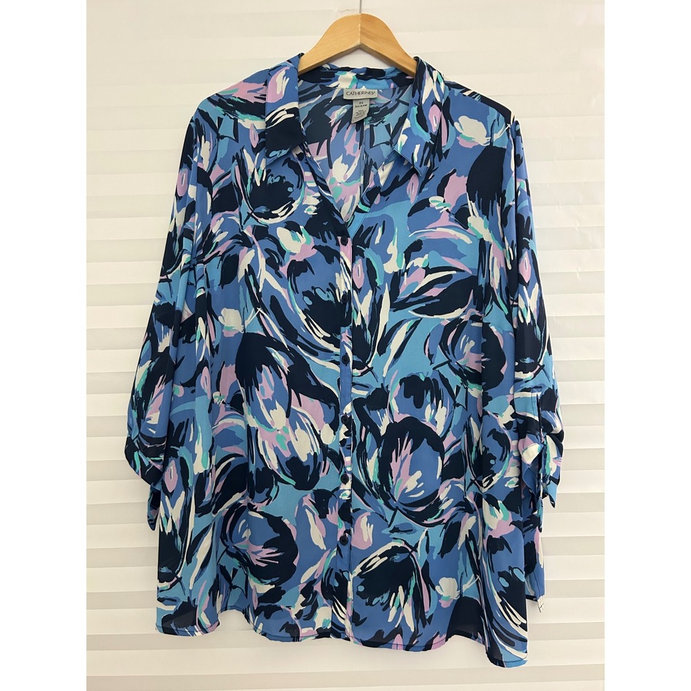 Catherines Womens 2X Blue Abstract Floral Button Down Tie Sleeve Blouse Top